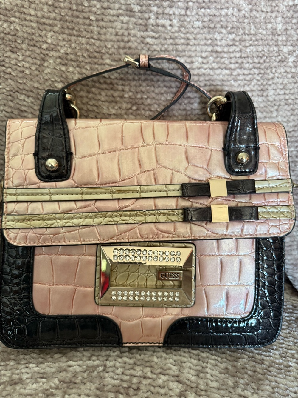 GUESS Vintage Bling Bow Pink Beige Black  Faux Snake Croc Gator Handbag